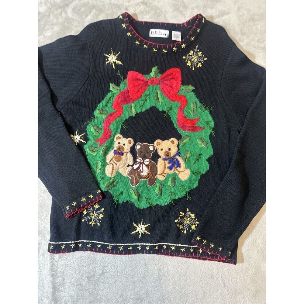 Women’s Vintage Christmas Sweater Granny Core Black Green B.P Design Size Medium - Picture 9 of 14